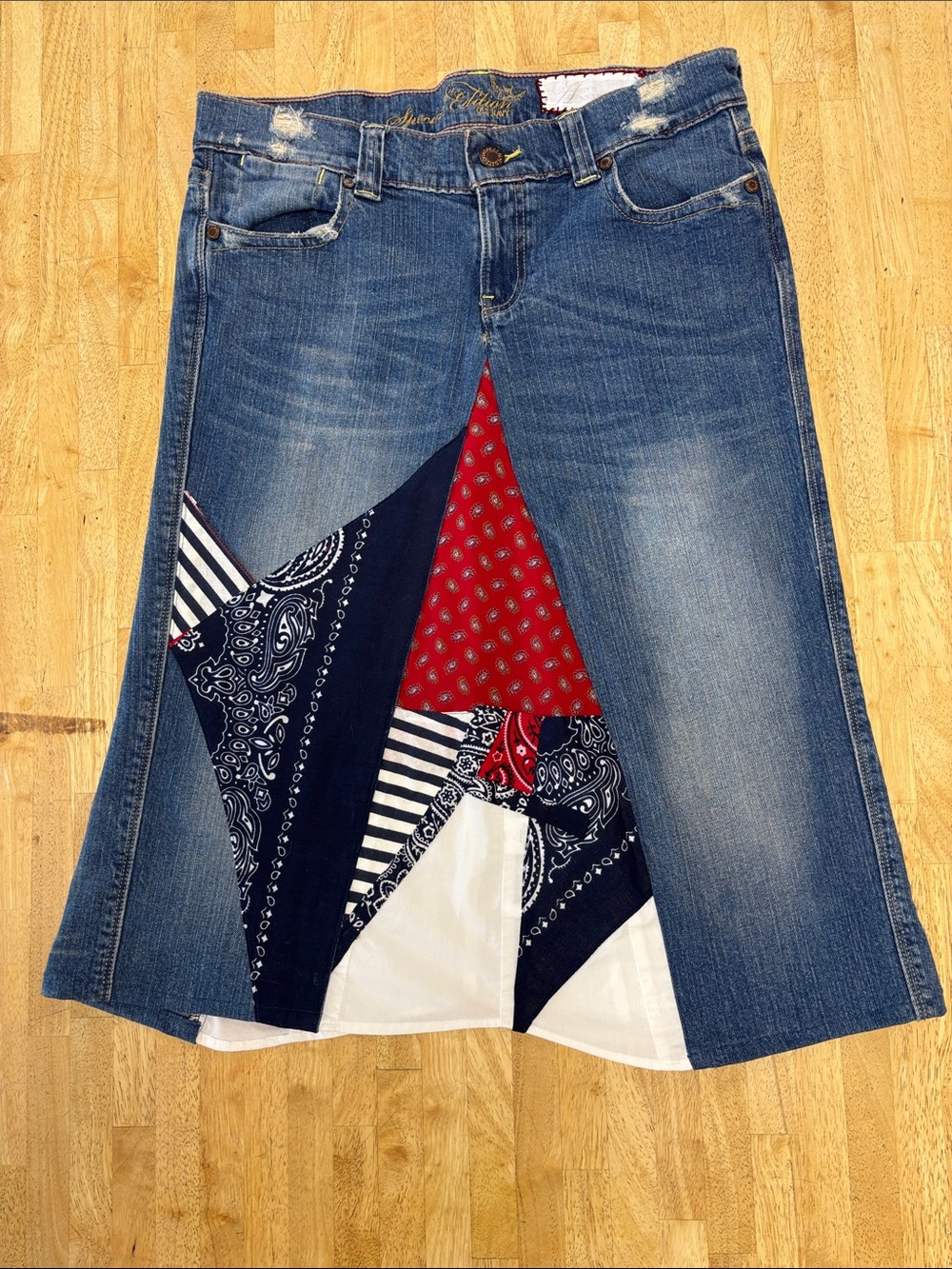 Vintage Old Navy Upcycled Bandana Denim Patchwork A-Line Midi Skirt Size 10